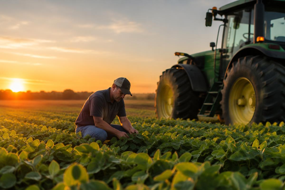 Agriculteur inspectant ses cultures près d'un tracteur