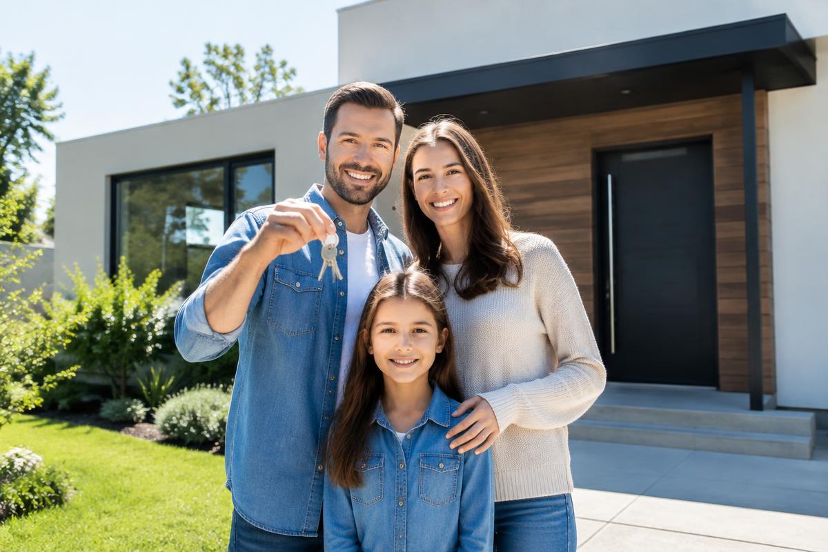 Famille devant sa maison, clés en main