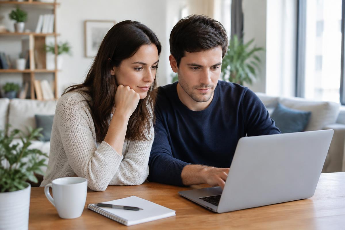 Couple consultant son budget sur un ordinateur portable